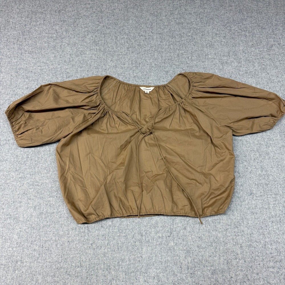 Lucky Brand Peasant Blouse Size M Brown Puff Sleeve Tie Front Elastic Boho Top